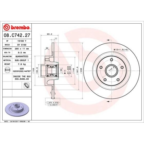 1X Brembo Bremsscheibe Prime Line - With Bearing Kit für Renault