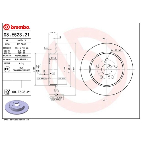 Bremsscheibe Brembo 08.E523.21 Prime Line - Uv Coated für Toyota Hinterachse