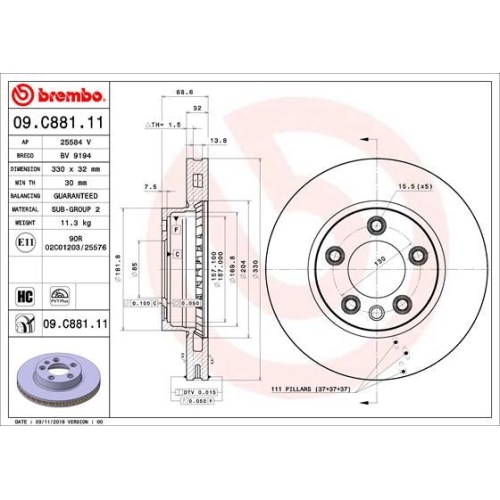 1X Brembo Bremsscheibe Vorderachse Prime Line - Uv Coated für Porsche VW