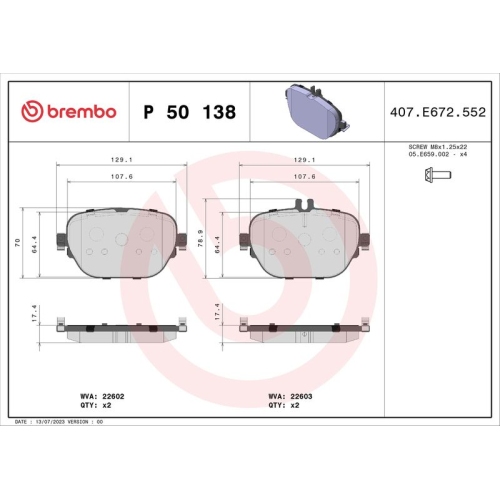 Bremsbelagsatz Scheibenbremse Brembo P50138 Prime Line für Mercedes Benz