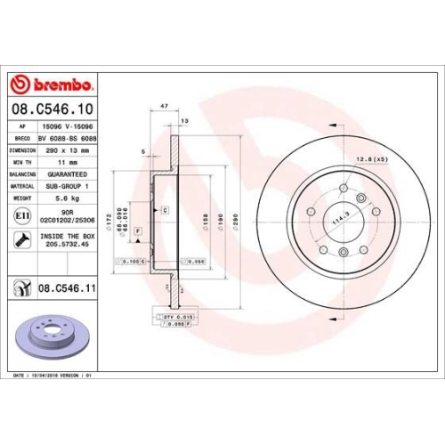 Brake Disc Brembo 08.C546.11 Prime Line - Uv Coated for Nissan Renault Rear Axle