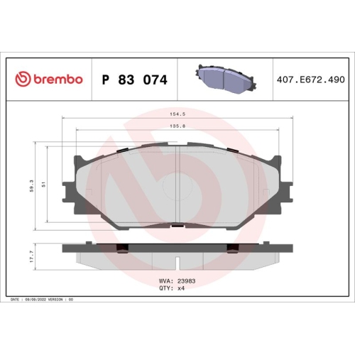 Bremsbelagsatz Scheibenbremse Brembo P83074 Prime Line für Toyota Lexus