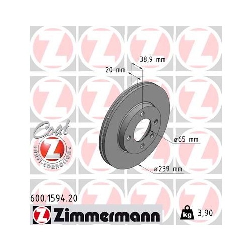 Bremsscheibe Zimmermann 600.1594.20 Coat Z für Vag Vw (svw) Vorderachse