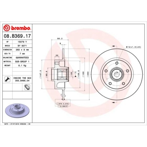 1X Brembo Bremsscheibe Prime Line - With Bearing Kit für Renault