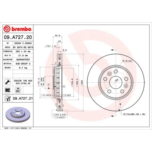 2X Brembo Bremsscheibe Prime Line - Uv Coated für Mercedes Benz Nissan