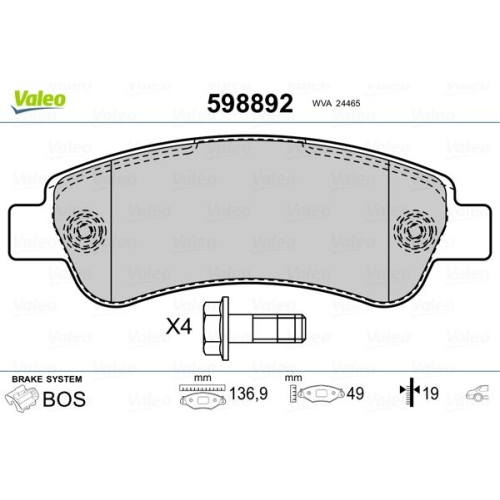 Bremsbelagsatz Scheibenbremse Valeo 598892 für Citroën Fiat Peugeot Hinterachse