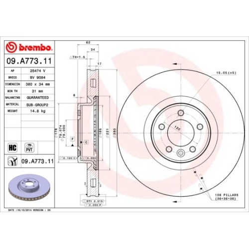 1X Brembo Bremsscheibe Vorderachse Prime Line - Uv Coated für Land Rover