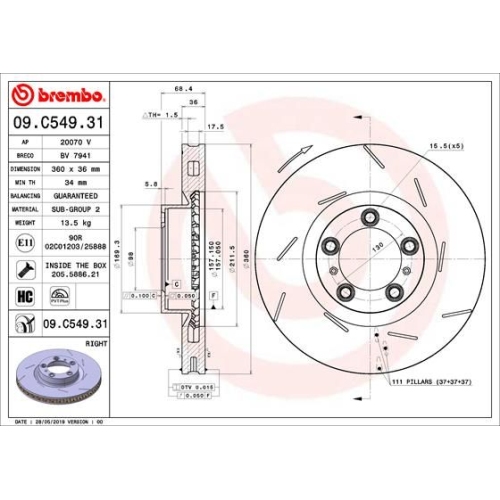 1X Brembo Bremsscheibe Vorderachse Prime Line - Uv Coated für Porsche