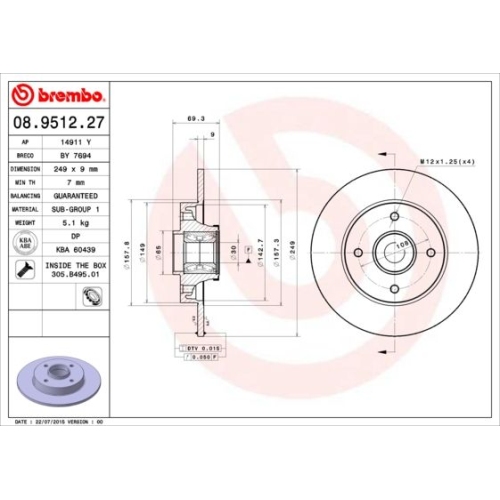 1X Brembo Bremsscheibe Prime Line - With Bearing Kit für Citroën Opel DS