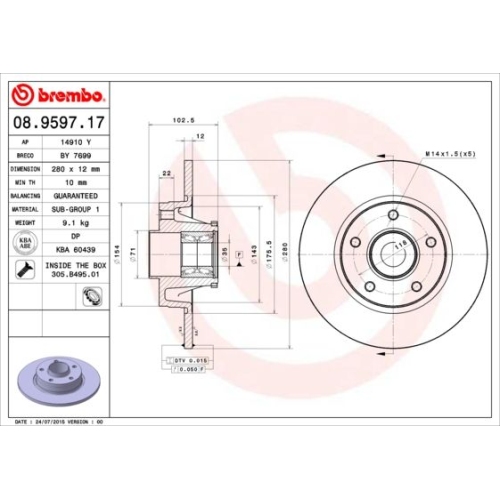 1X Brembo Bremsscheibe Prime Line - With Bearing Kit für Nissan Opel