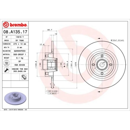 1X Brembo Bremsscheibe Prime Line - With Bearing Kit für Renault