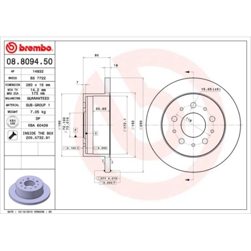 Brake Disc Brembo 08.8094.50 Prime Line for Citroën Fiat Peugeot Rear Axle