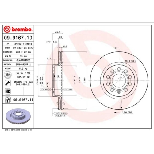 2X Brembo Bremsscheibe Prime Line - Uv Coated für Audi Seat Skoda VW