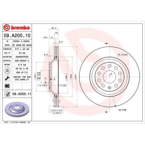 2X Brembo Bremsscheibe Prime Line - Uv Coated für Audi Seat VW Vw (faw)