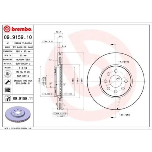 2X Brembo Bremsscheibe Prime Line - Uv Coated für Opel Vauxhall