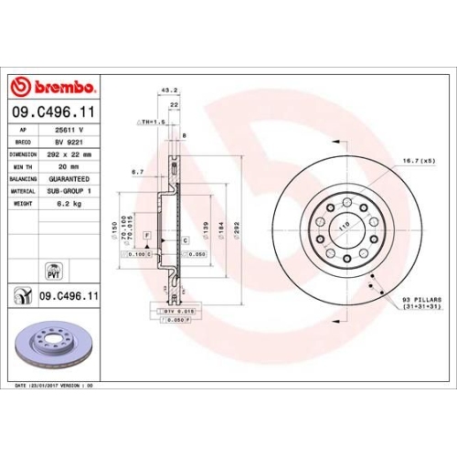 2X Bremsscheibe Brembo 09.C496.11 Prime Line - Uv Coated für Alfa Romeo Hinte