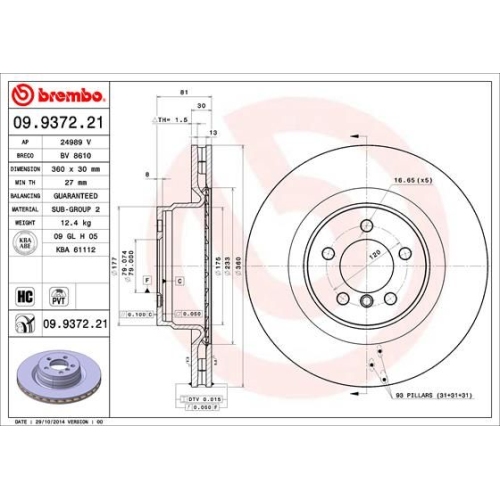 1X Brembo Bremsscheibe Vorderachse Prime Line - Uv Coated für Land Rover