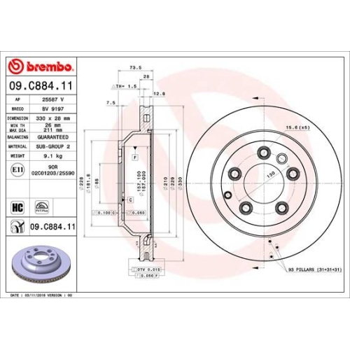 1X Brembo Bremsscheibe Prime Line - Uv Coated für Audi Porsche VW