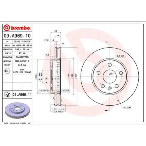 1X Brembo Bremsscheibe Prime Line für Opel Saab Vauxhall Chevrolet Buick