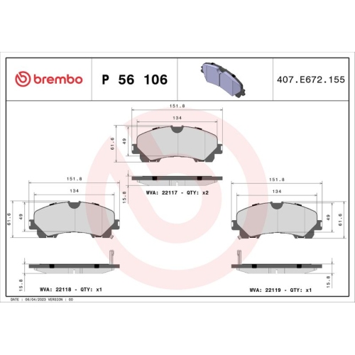 Bremsbelagsatz Scheibenbremse Brembo P56106 Prime Line für Nissan Renault